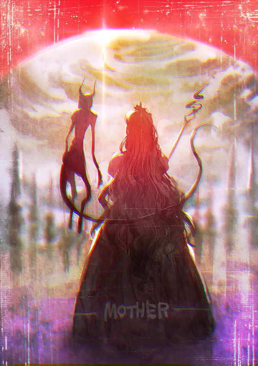 1girl, alien, aoki_(fumomo), blonde_hair, copyright_name, crown, dress, from_behind