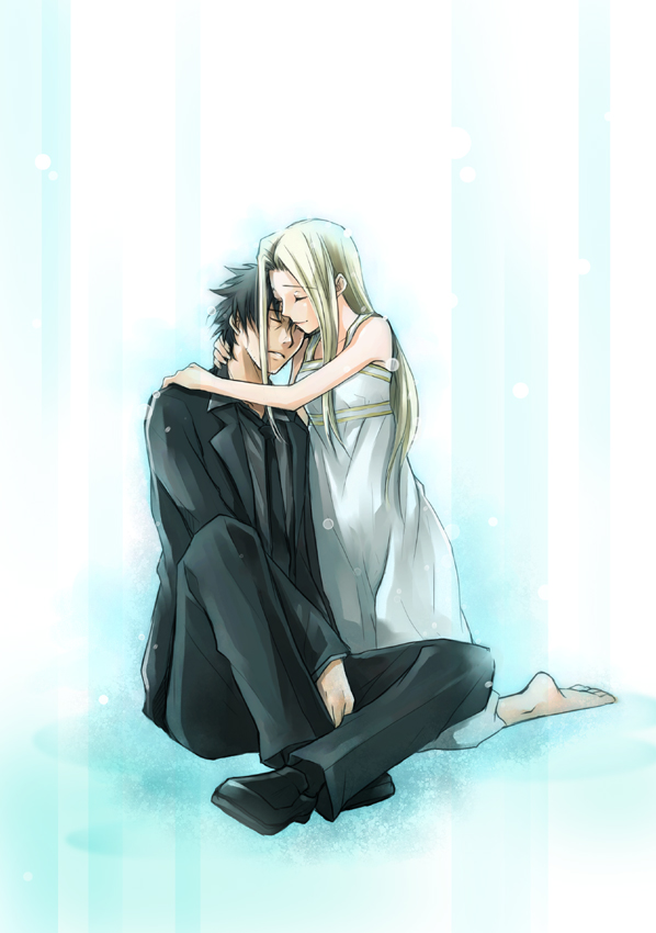 1girl, azuma_shouko, blonde_hair, couple, embrace, emiya_kiritsugu, fate/stay_night, fate/zero