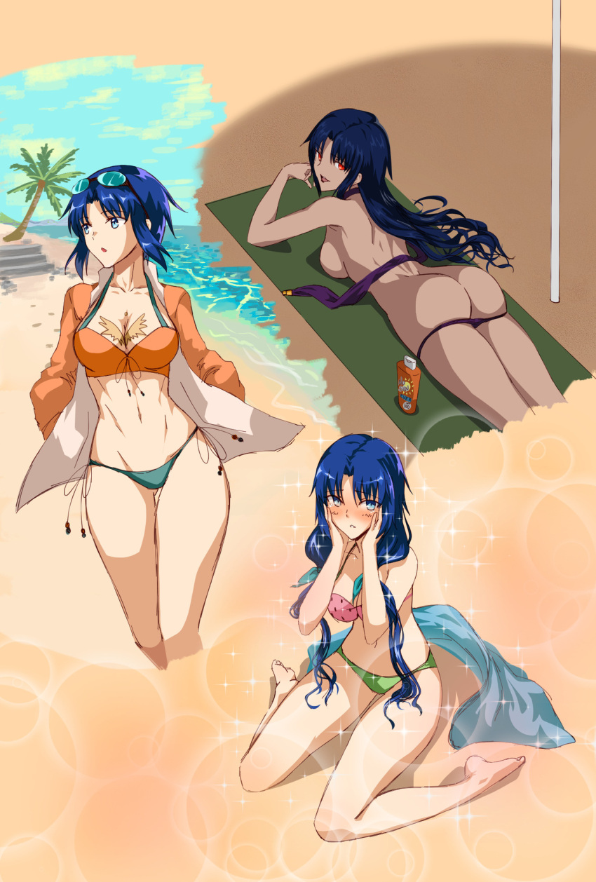 3girls, ass, axia-chan, bikini, bikini_bottom_removed, bikini_top_removed, blue_eyes, blush, breasts, chest_tattoo, ciel, cleavage, cropped_legs, elesia, eyewear_on_head, female_ass, gluteal_fold, highres, large_breasts, lips, long_hair, looking_at_viewer, lotion, lying, multiple_girls, navel, nose_blush, on_stomach, palm_tree, purple_bikini, purple_swimsuit, shadow, short_hair, sideboob, sitting, sparkle, sunscreen, swimsuit, swimsuit_under_clothes, tan, tattoo, tree, tsukihime, type-moon, very_long_hair, wariza