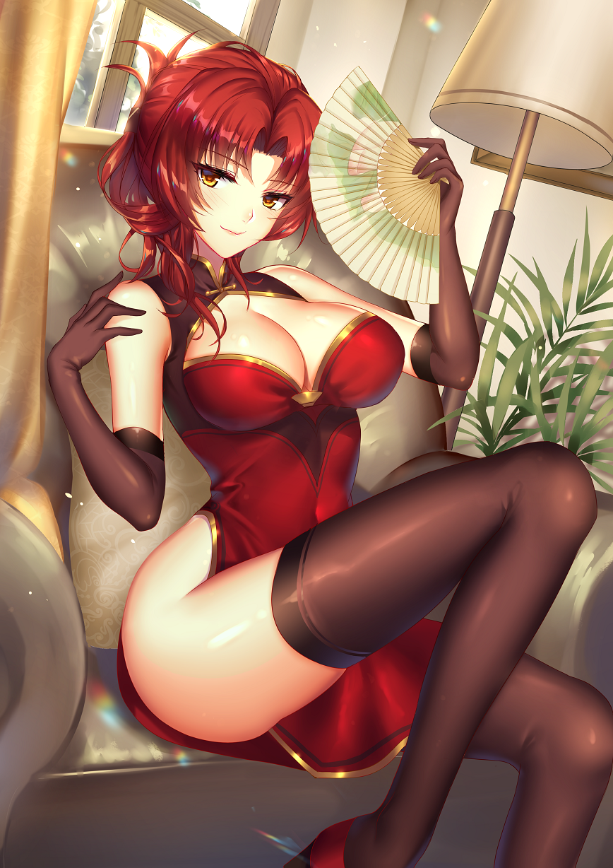 1girl, arm_up, armchair, bangs, bare_shoulders, benghuai_xueyuan, blush, breasts, brown_eyes, brown_gloves, brown_legwear, chair, cleavage, cleavage_cutout, closed_eyes, closed_mouth, commentary_request, covered_navel, curtains, day, dress, dutch_angle, elbow_gloves, eyebrows_visible_through_hair, fan, floor_lamp, folded_ponytail, folding_fan, gloves, hand_on_own_shoulder, hand_up, high_heels, highres, hips, holding, holding_fan, honkai_impact, indoors, knee_up, lamp, large_breasts, legs, light_particles, long_hair, looking_at_viewer, mallizmora, murata_himeko, parted_bangs, pelvic_curtain, picture_frame, pillow, plant, potted_plant, red_dress, red_footwear, redhead, shiny, shiny_hair, shiny_skin, shoes, side_slit, sidelocks, sitting, sleeveless, sleeveless_dress, smile, solo, sunlight, thigh-highs, thighs, waist, window, yellow_eyes