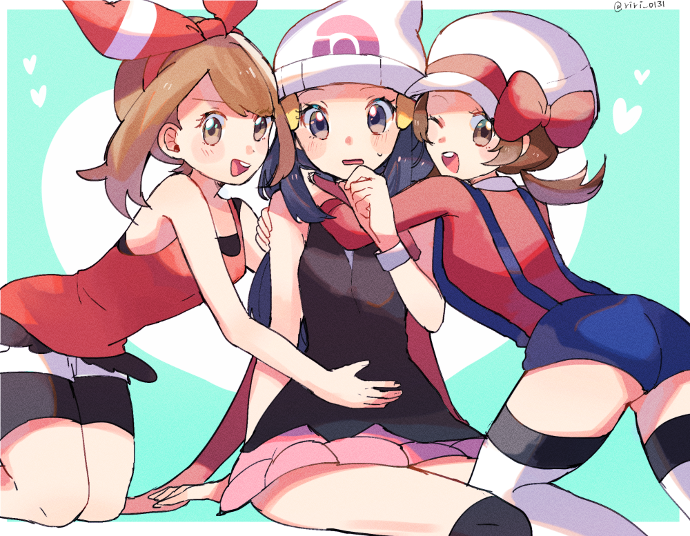 3girls, :d, ;d, ass, bare_arms, bare_shoulders, bike_shorts, bike_shorts_under_shorts
