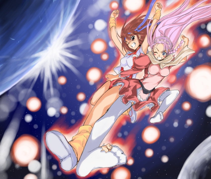 blue_eyes, braid, brown_eyes, brown_hair, crossover, diebuster, earth, feet, frills, grin, gunbuster, hairband, headband, inazuma_kick, kicking, leg_warmers, legs, leotard, long_hair, maid, nono, pink_hair, scarf, skirt, smile, takaya_noriko, takesinobu, thigh-highs, thighhighs, time_paradox, top_wo_nerae!, top_wo_nerae_2!, torn_clothes, wink, wristband