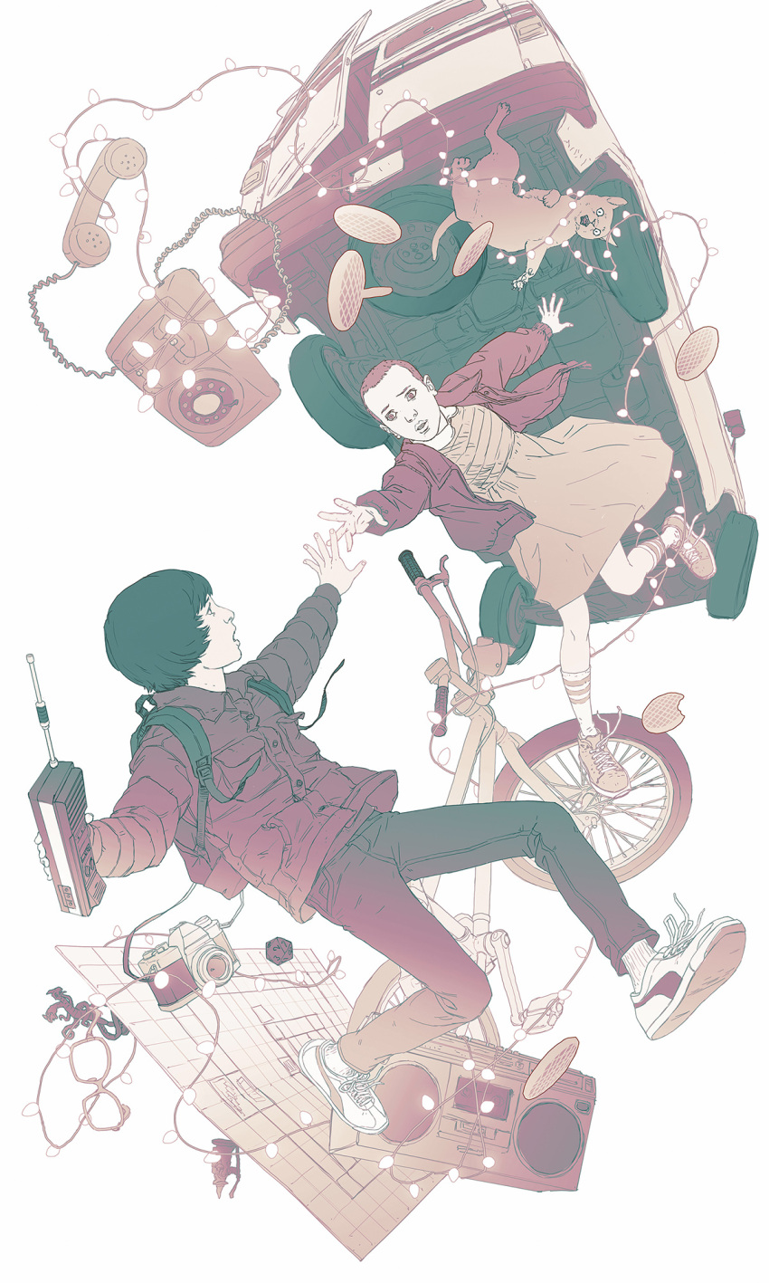 2girls, bicycle, boombox, camera, car, cat, character_request, christmas_lights