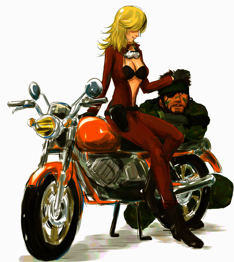 blonde_hair, breasts, eva, eyepatch, faux_traditional_media, goggles, isomine, long_hair, metal_gear, metal_gear_solid, metal_gear_solid_3, motor_vehicle, motorcycle, naked_snake, vehicle