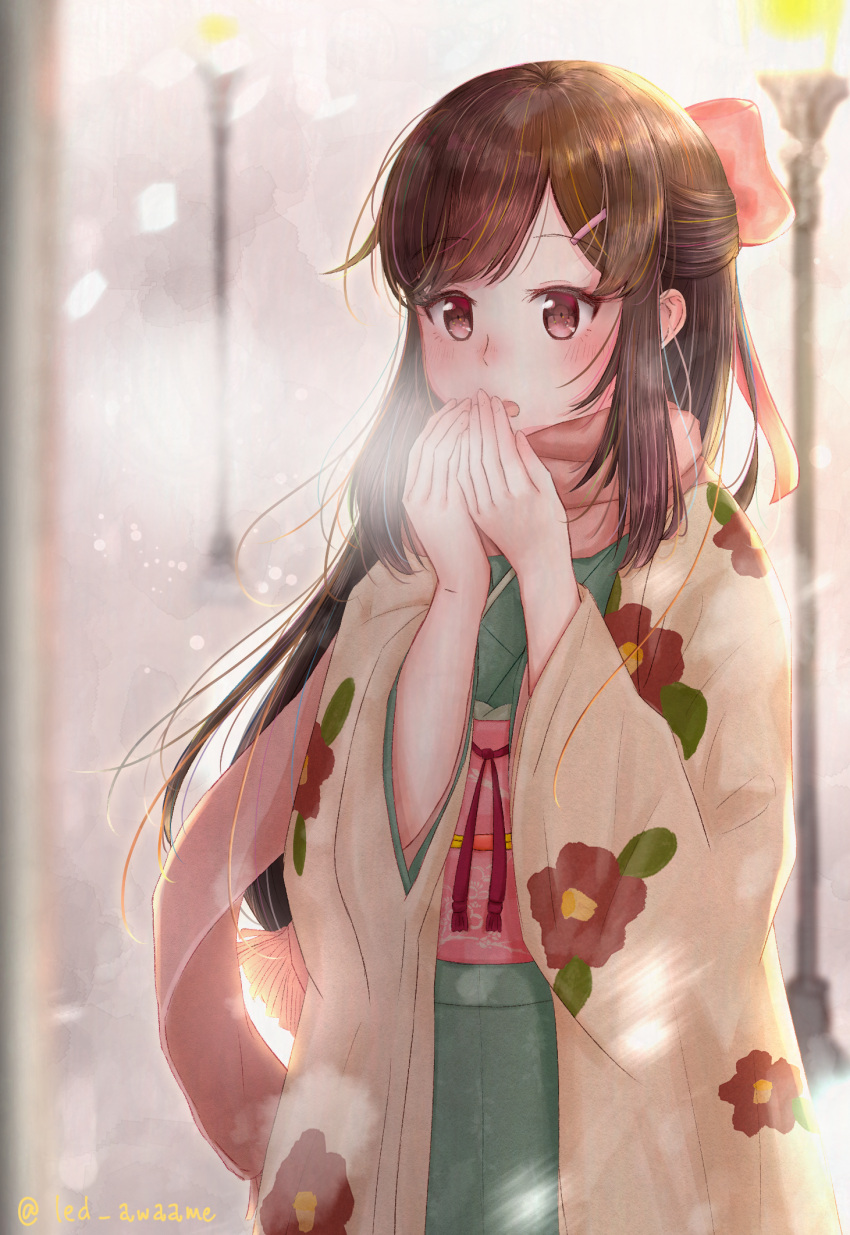 1girl, blowing_on_hands, blush, brown_eyes, brown_hair, floral_print, hands_up, highres