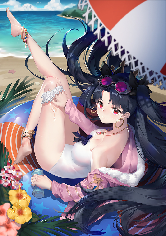 1girl, anklet, balusah, barefoot, beach, beach_umbrella, black_hair, blue_sky