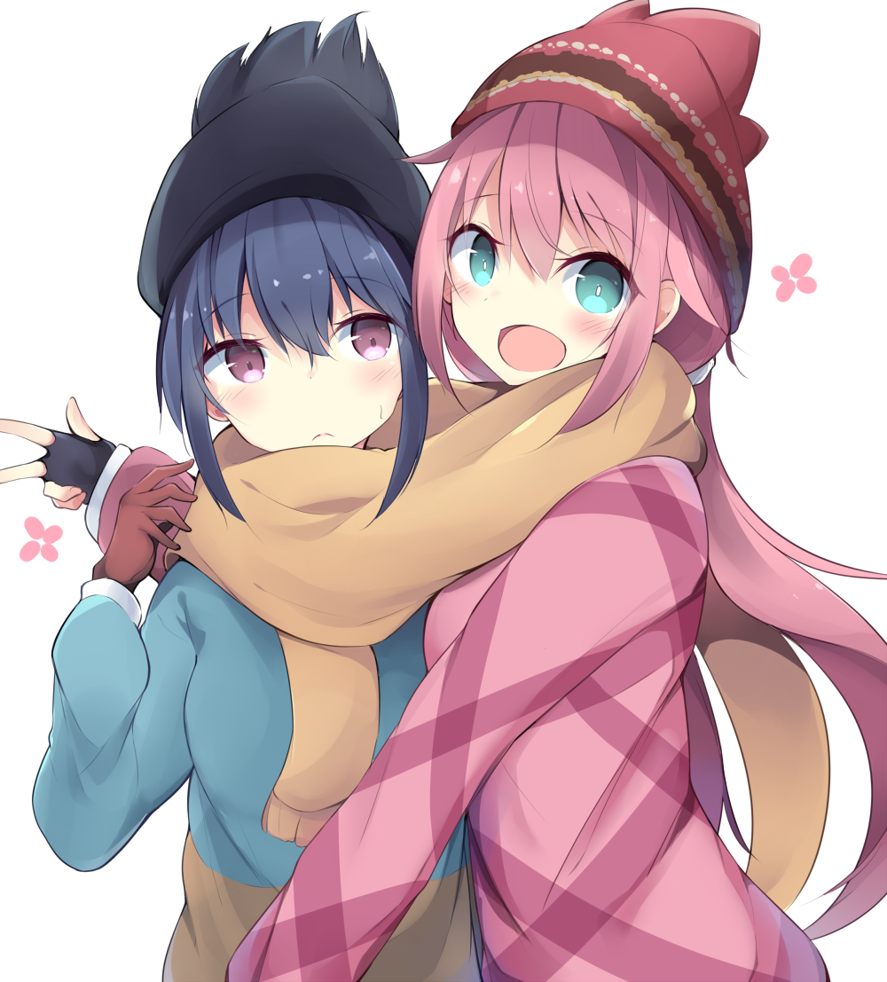 2girls, :d, bangs, beanie, black_gloves, black_hat, blue_eyes, blue_hair