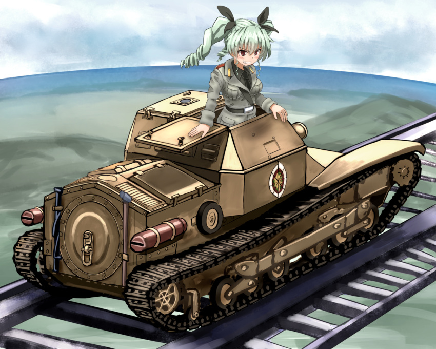 1girl, anchovy, anzio_(emblem), anzio_military_uniform, breasts, carro_veloce_cv-33, caterpillar_tracks, clouds