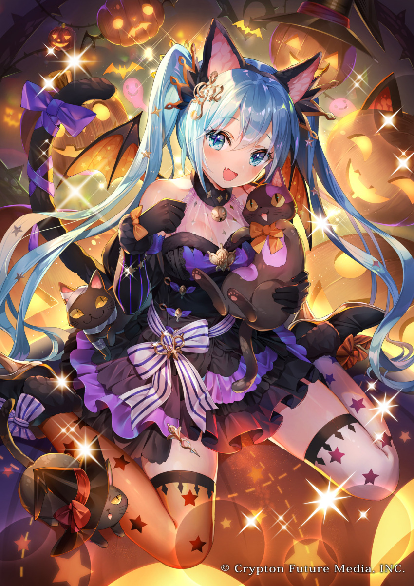 1girl, :3, :d, animal_ears, aqua_eyes, aqua_hair, bandage, bare_shoulders, bat, bat_wings, bell, black_cat, black_dress, black_footwear, black_gloves, black_hairband, blush, bow, breasts, cat, cat_tail, cleavage, dress, elbow_gloves, eyebrows_visible_through_hair, fake_animal_ears, fanf, gloves, hair_between_eyes, hair_ornament, hairband, halloween, hat, hatsune_miku, highres, holding, holding_cat, jack-o'-lantern, jingle_bell, layered_dress, long_hair, looking_at_viewer, medium_breasts, mismatched_legwear, nemusuke, official_art, open_mouth, orange_bow, orange_legwear, orange_wings, paw_pose, paws, print_legwear, pumpkin, purple_bow, see-through, shiny, shiny_hair, shoes, sitting, sleeveless, sleeveless_dress, slit_pupils, smile, solo, sparkle, star, star_print, striped, striped_bow, striped_gloves, tail, tail_bow, thigh-highs, thorns, twintails, very_long_hair, vocaloid, wariza, white_bow, white_legwear, wings, witch_hat, yellow_sclera