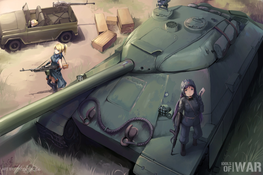 2girls, ak-74, ammo_box, assault_rifle, ayase_eli, blonde_hair, blue_eyes, car