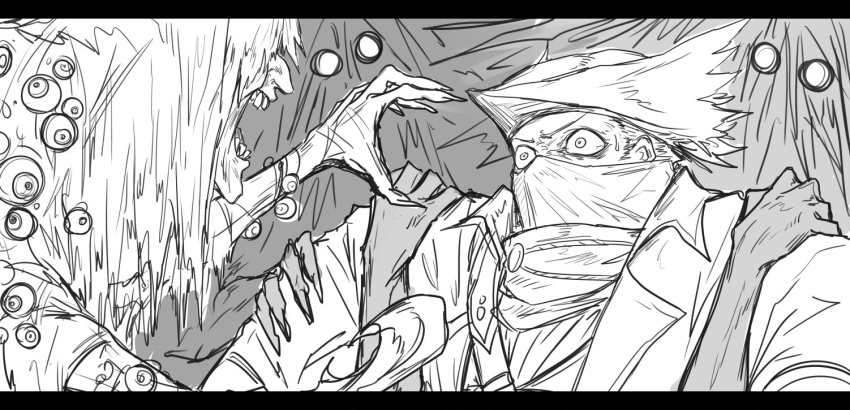 1boy, bloodborne, commentary_request, eyeballs, hat, holding_arms, hunter_(bloodborne), kan_(aaaaari35)