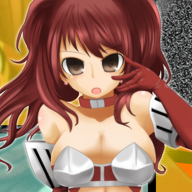 brown_eyes, choker, cleavage, cosplay, earrings, gloves, high-cut_armor, jewelry