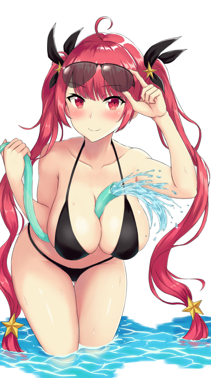 1girl, ahoge, azur_lane, bent_over, between_breasts, bikini, black_bikini, blush, breasts, commentary, eyebrows_visible_through_hair, eyewear_on_head, hair_ornament, hair_ribbon, highres, honolulu_(azur_lane), hose, hose_between_breasts, large_breasts, looking_at_viewer, ray_(zxasqw66), red_eyes, redhead, ribbon, simple_background, smile, solo, star, star_hair_ornament, sunglasses, swimsuit, twintails, white_background
