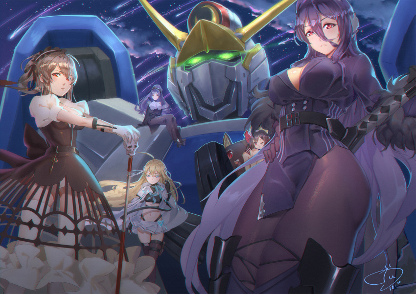 5girls, ahoge, black_dress, black_gloves, black_legwear, blonde_hair, blue_eyes, blue_hair