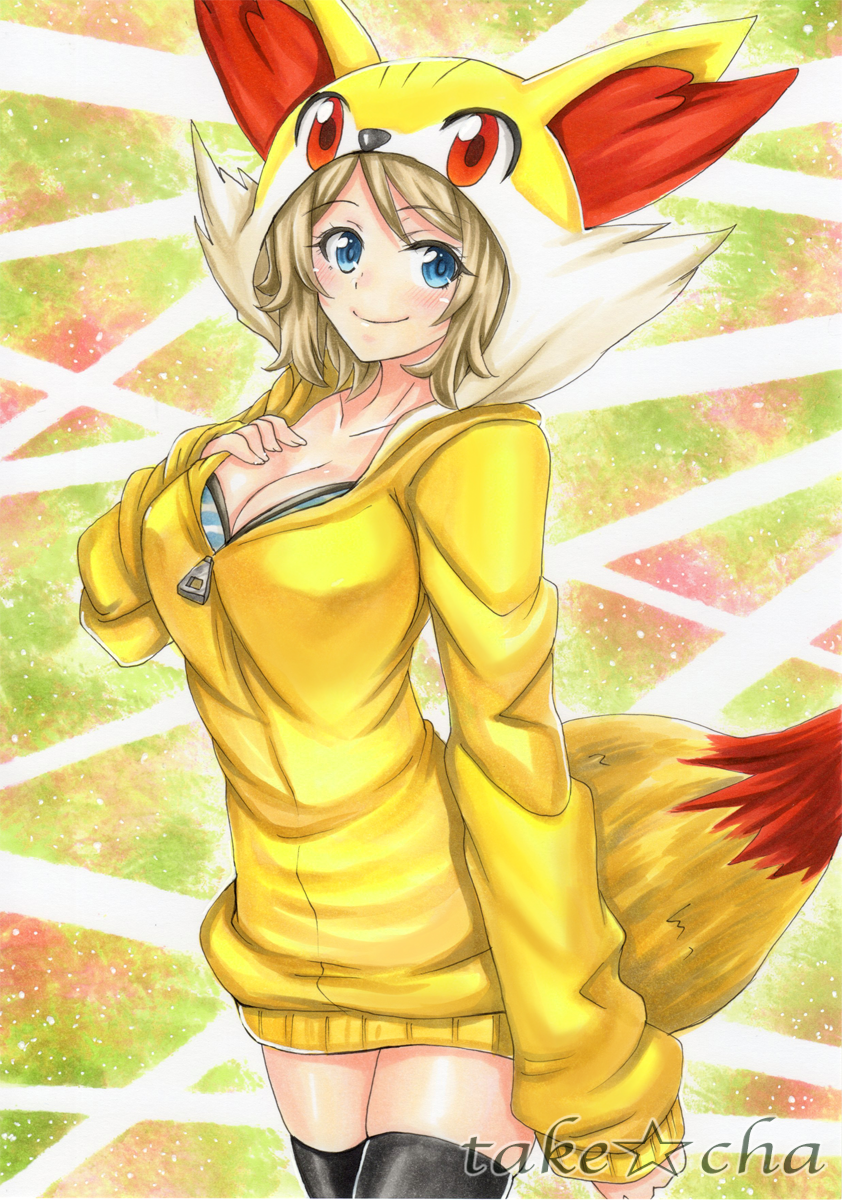 blonde_hair, creatures_(company), fennekin, game_freak, gen_6_pokemon, highres, hood, hooded_jacket