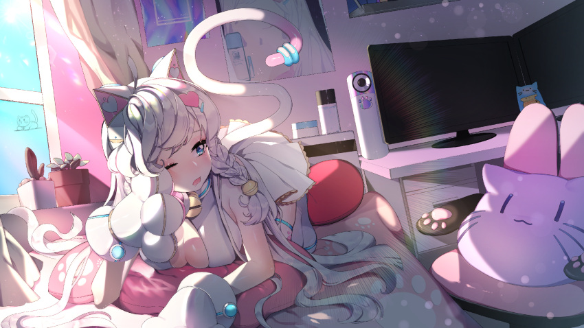 1girl, ;o, all_fours, animal_ears, bell, blue_eyes, braid, breasts
