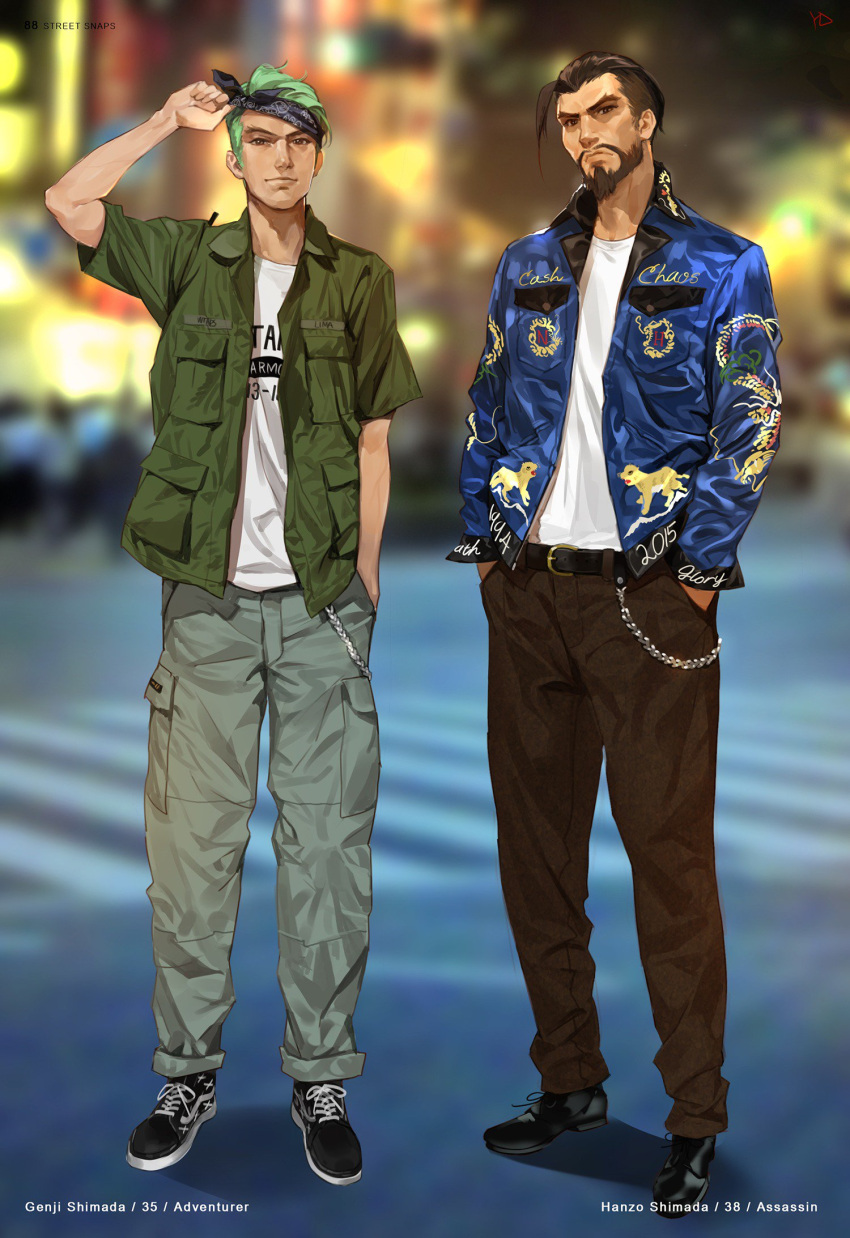 2boys, bandanna, beard, black_hair, blue_jacket, brothers, cargo_pants, casual