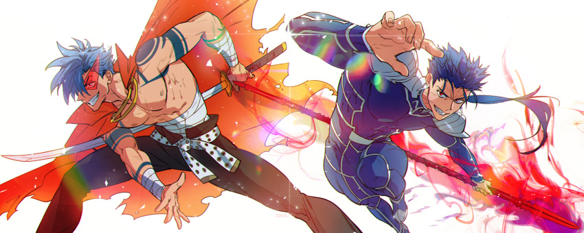2boys, belt, black_pants, blue_bodysuit, blue_hair, bodysuit, cape, crossover, earrings, fate/stay_night, fate_(series), g0ringo, gae_bolg, grin, highres, holding, holding_spear, holding_sword, holding_weapon, jewelry, kamina, lancer, long_hair, looking_at_viewer, male_focus, multiple_boys, muscle, pants, pauldrons, polearm, ponytail, red_cape, red_eyes, shirtless, simple_background, smile, spear, sword, tattoo, teeth, tengen_toppa_gurren_lagann, weapon, white_background