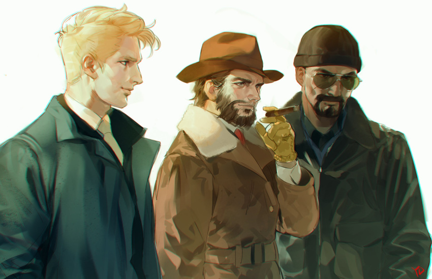 3boys, beanie, beard, blackwatch_reyes, blonde_hair, brown_hair, cigar, dark_skin