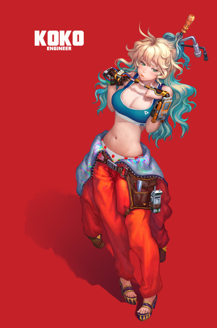 1girl, absurdres, black_gloves, blonde_hair, blue_eyes, breasts, character_name, cleavage, commentary, embarrassed, engineer, english_commentary, eun-jin_han, eyelashes, food_print, full_body, gloves, gradient_hair, green_eyes, hair_ornament, highres, lipstick, long_hair, looking_away, makeup, medium_breasts, midriff, multicolored_hair, navel, original, overalls, overalls_removed, panties, partly_fingerless_gloves, print_panties, red, red_background, sandals, screwdriver, sleeveless, solo, sports_bra, steepled_fingers, strawberry_panties, strawberry_print, toes, underwear, updo, wire, wrench, wrist_computer