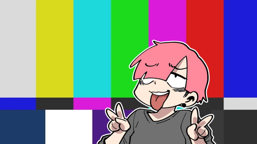 1boy, :p, ahegao, bags_under_eyes, double_v, eyebrows_visible_through_hair, hair_over_one_eye, highres