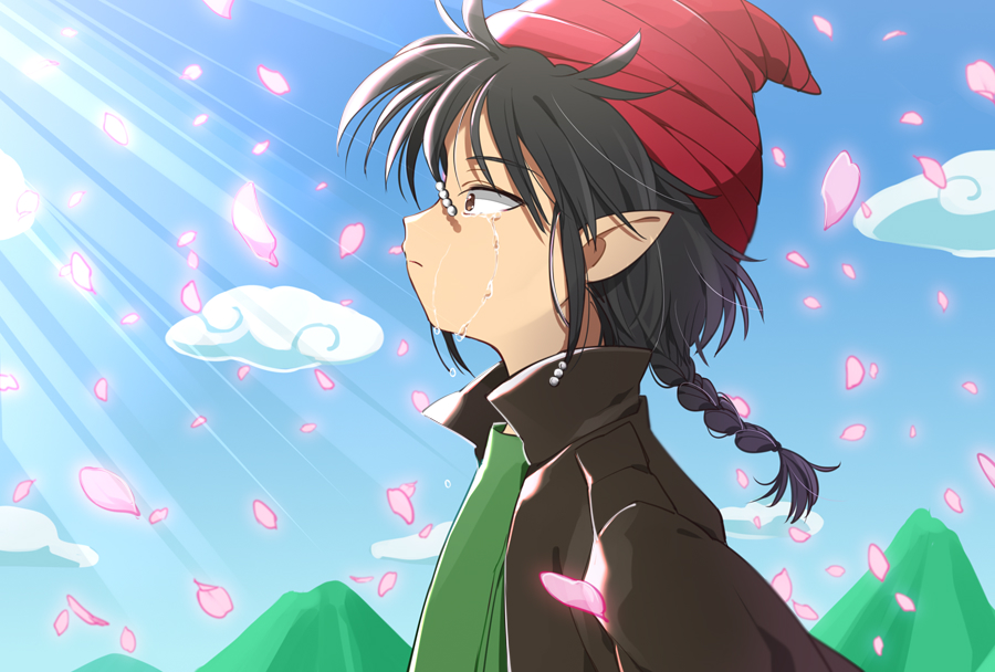 1boy, blue_sky, braided_ponytail, brown_eyes, clouds, crying, hat, hill