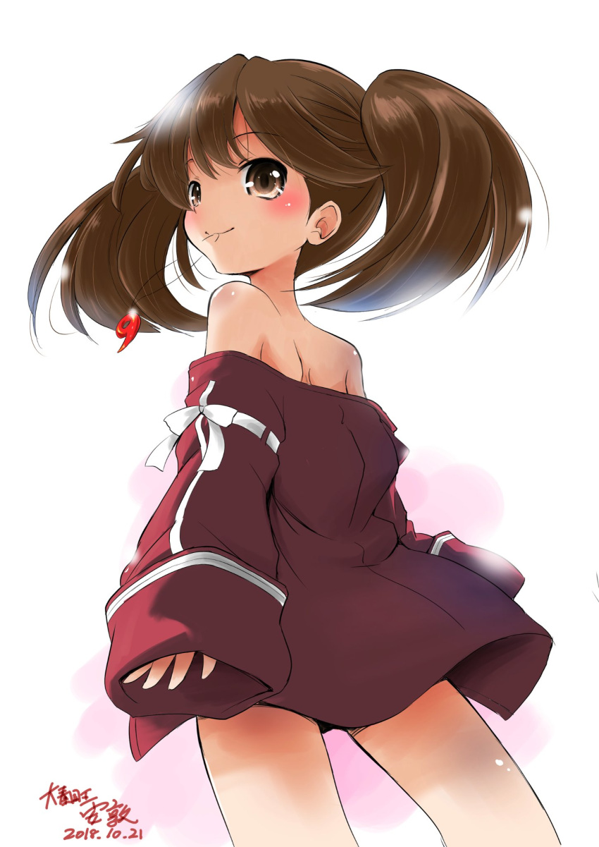 1girl, bare_legs, bare_shoulders, blush, brown_eyes, brown_hair, from_below, highres