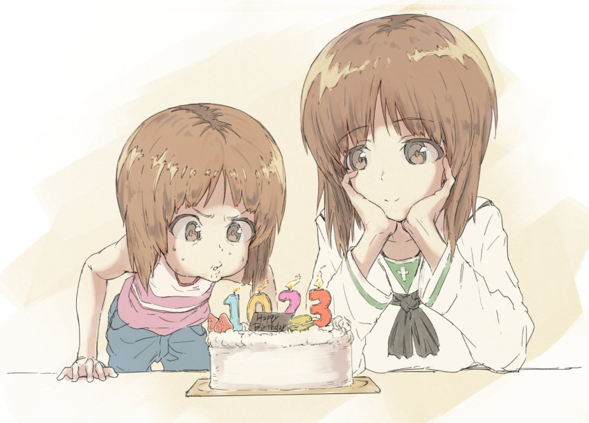 2girls, birthday, birthday_cake, blowing, brown_eyes, brown_hair, cake, candle, child, commentary_request, dual_persona, food, fruit, girls_und_panzer, goripan, multiple_girls, nishizumi_miho, ooarai_school_uniform, school_uniform, serafuku, short_hair, simple_background, strawberry, tank_top, teenage, younger