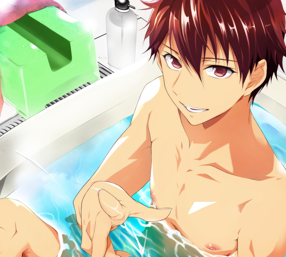 1boy, bath_stool, bathing, bathtub, brown_hair, drain_(object), ensemble_stars!, kei1_833