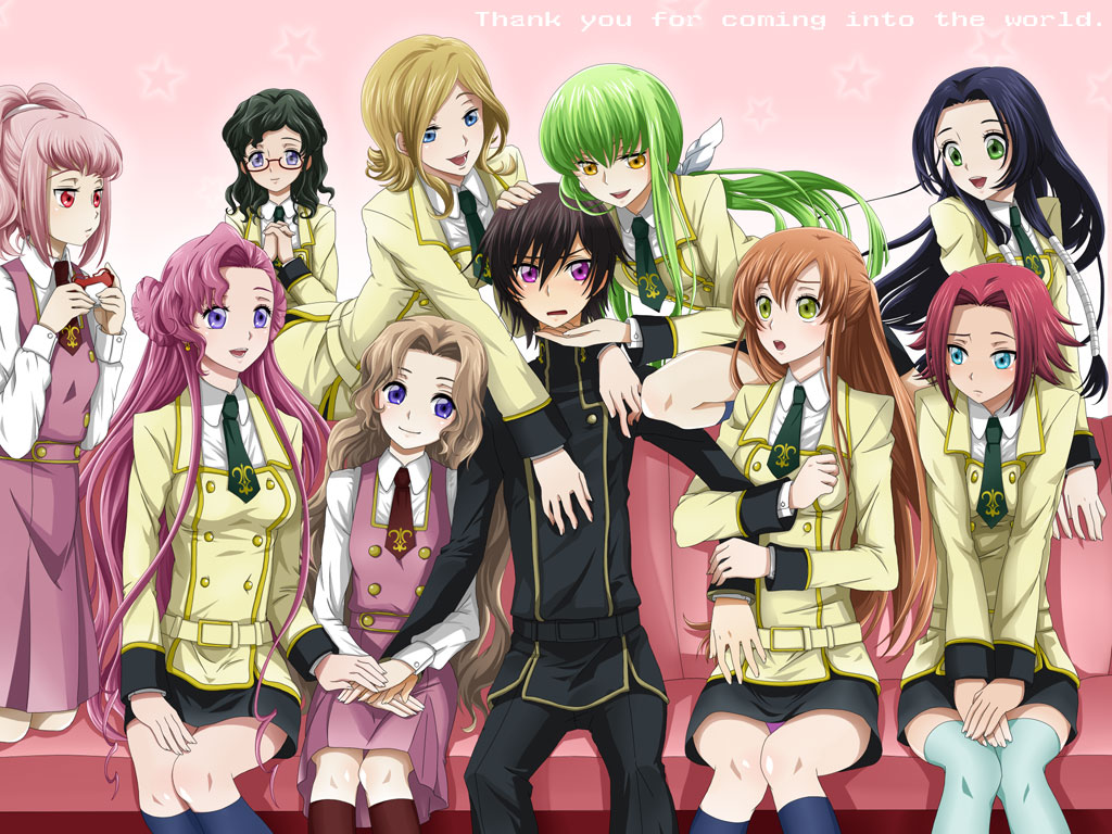 anya_alstreim, c.c., cc, code_geass, euphemia_li_britannia, everyone, harem, jirou_(asami0512jump), kallen_stadtfeld, lelouch_lamperouge, millay_ashford, milly_ashford, nina_einstein, nunnally_lamperouge, school_uniform, shirley_fenette, source_request, sumeragi_kaguya, thighhighs