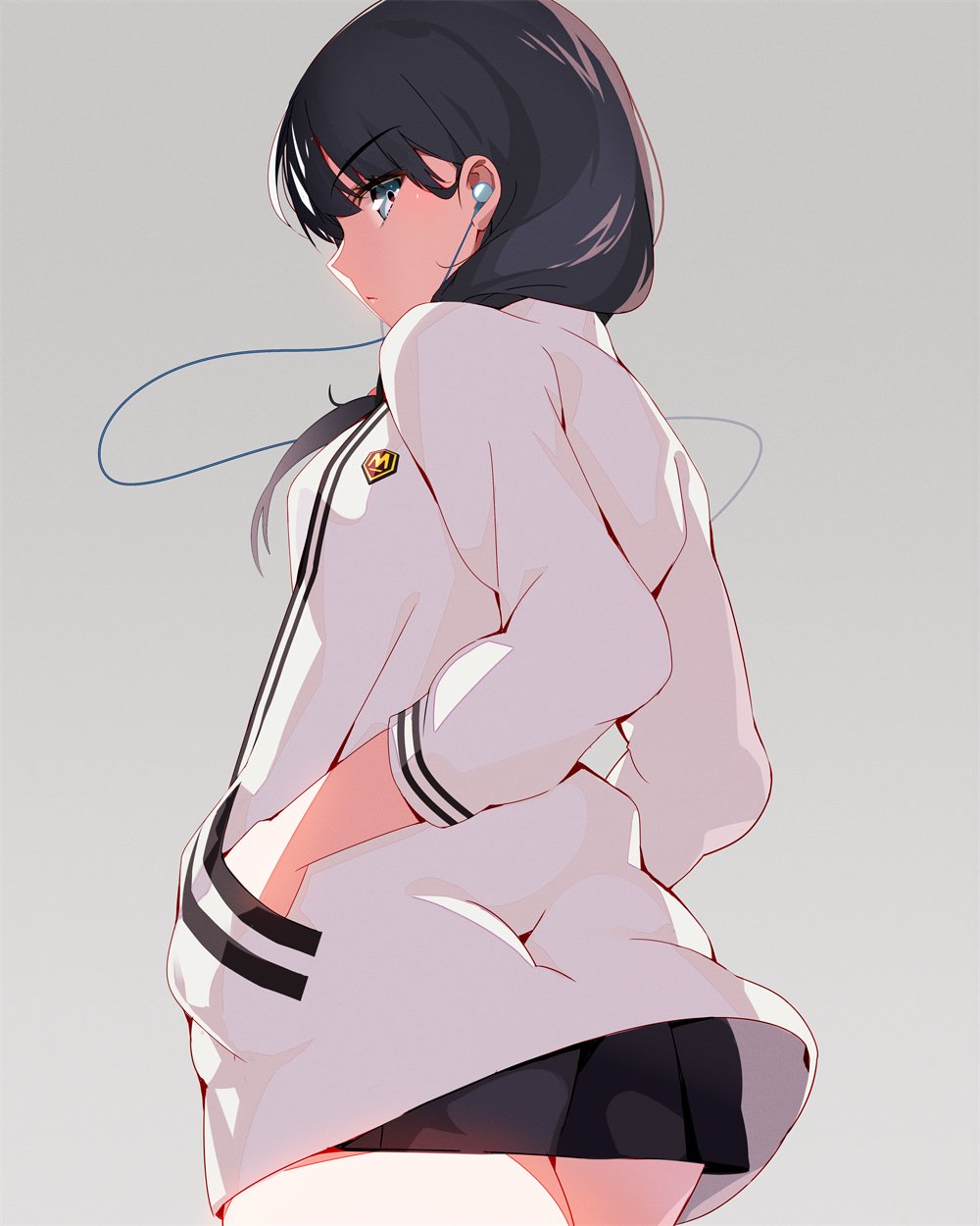 bangs, black_hair, black_skirt, blue_eyes, cardigan, earphones, hands_in_pockets, highres
