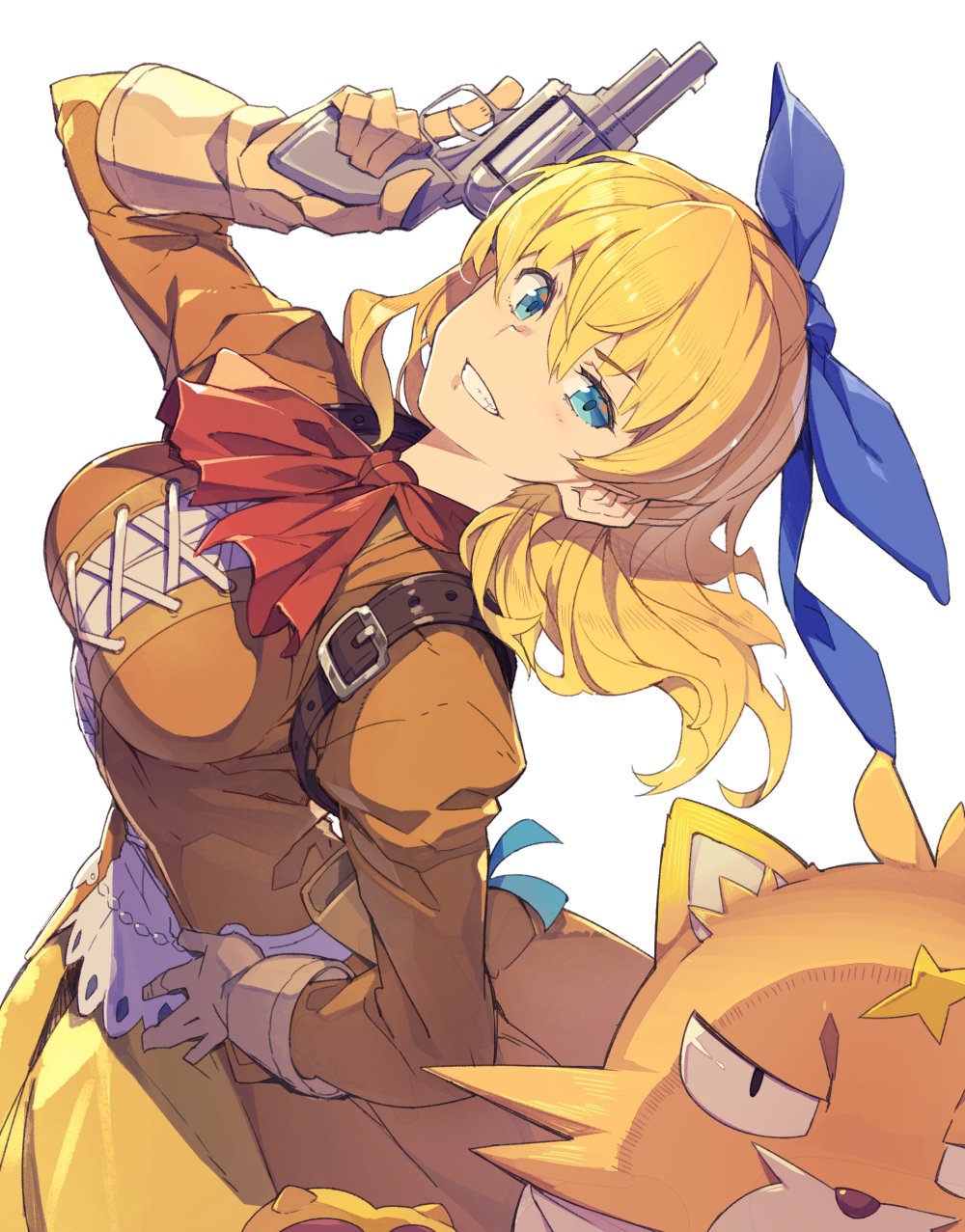 1girl, blonde_hair, blue_eyes, blue_ribbon, breasts, clenched_teeth, dress, female