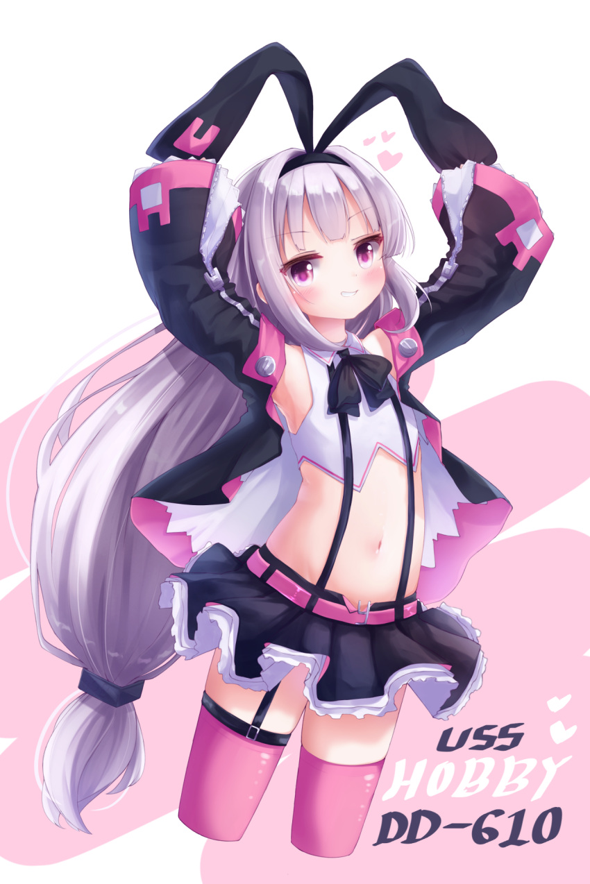 1girl, azur_lane, belt, blush, bunny_hair_ornament, character_name, detached_sleeves, flat_chest