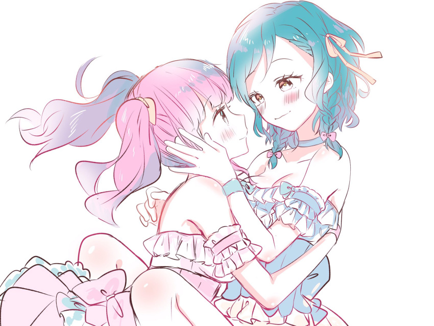 2girls, back_bow, bang_dream!, bare_shoulders, between_legs, blue_choker, blue_hair, bow