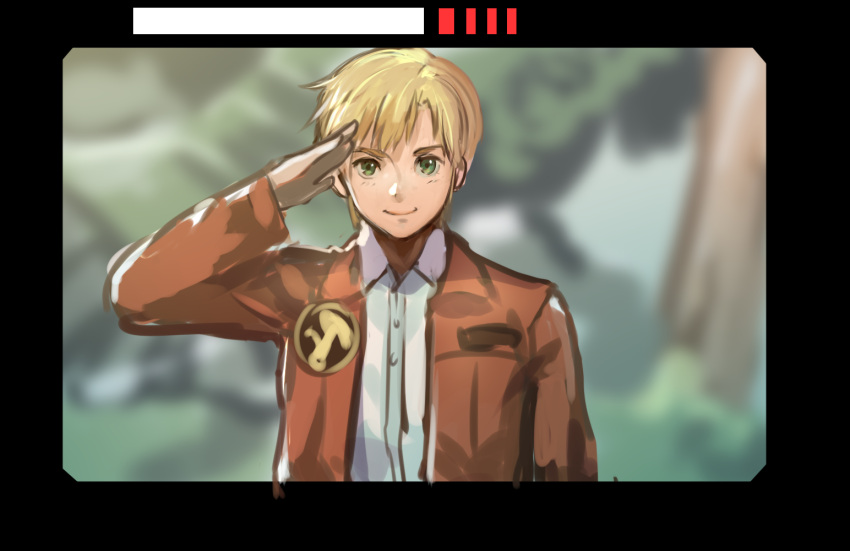 1boy, bangs, bernard_wiseman, blonde_hair, commentary_request, forest, green_eyes, gundam