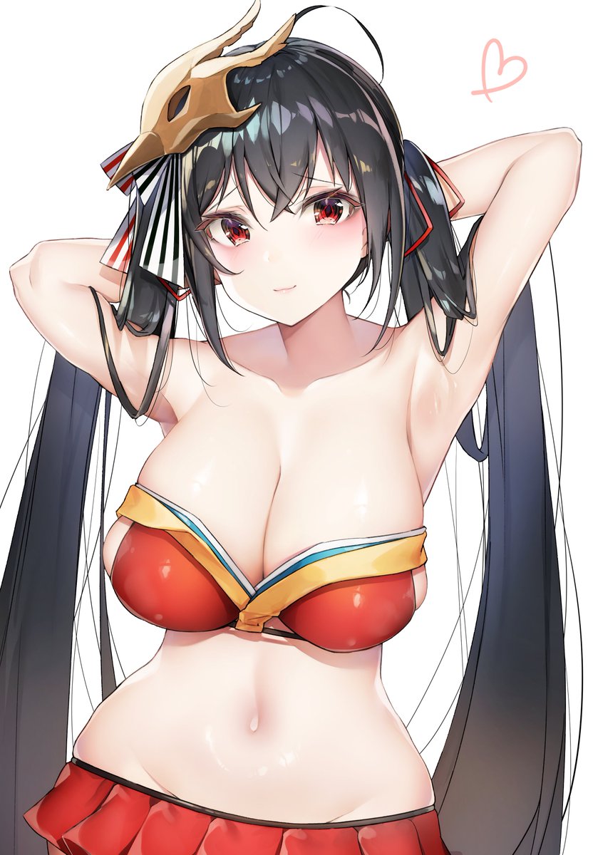 1girl, adapted_costume, ahoge, armpits, arms_behind_head, azur_lane, bangs, bare_shoulders