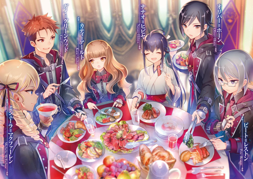 3boys, 3girls, :d, ahoge, androgynous, bangs, black_coat, black_hair