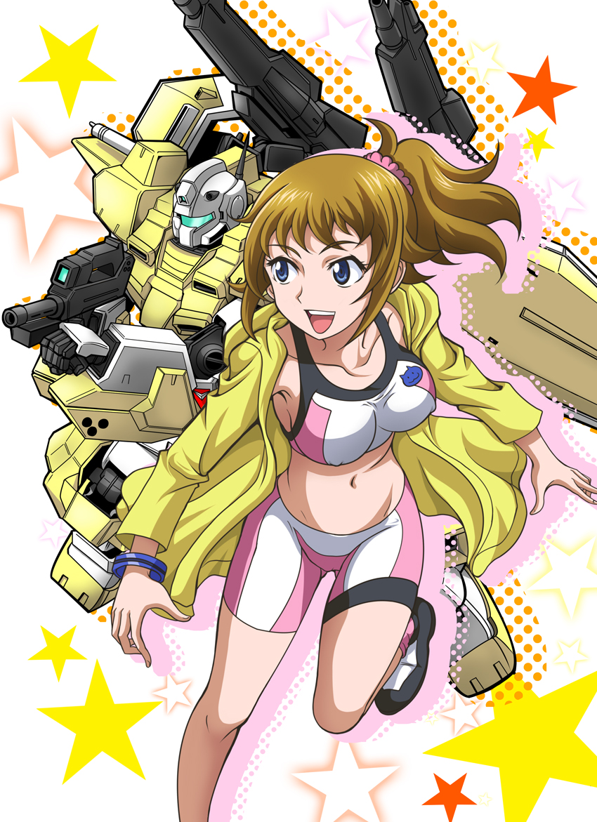 1girl, :d, bike_shorts, blue_eyes, bracelet, breasts, brown_hair, collarbone