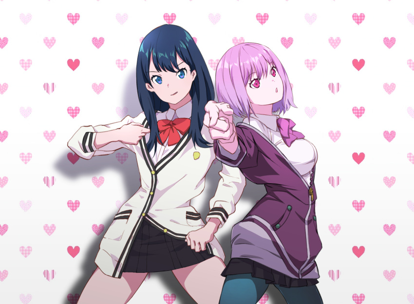 1girl, bangs, black_hair, black_skirt, blue_eyes, blue_legwear, bow, bowtie