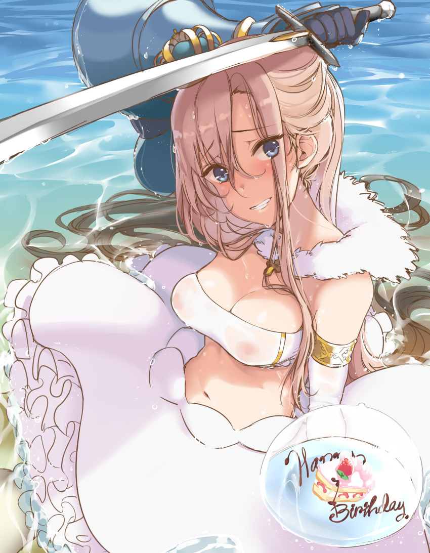1girl, absurdres, arm_up, blonde_hair, blue_eyes, breasts, cleavage, commentary_request