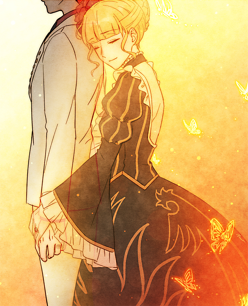 1boy, 1girl, aluce, apron, arms_at_sides, bangs, behind_another, black_choker