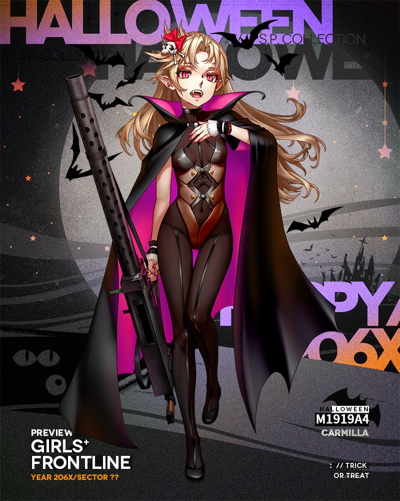 1girl, as109, ass_visible_through_thighs, bat, blonde_hair, bodysuit, bone, bow, breasts, cape, cosplay, fangs, fingernails, full_body, girls_frontline, gun, hair_bow, hair_ornament, halloween, halloween_costume, hand_on_own_chest, heavy_machine_gun, holding, holding_weapon, leotard, long_fingernails, looking_at_viewer, m1919_(girls_frontline), machine_gun, nail_polish, navel, navel_cutout, official_art, open_mouth, red_bow, skin_tight, skull, small_breasts, solo, thigh_gap, vampire, walking, weapon, wind, wrist_cuffs