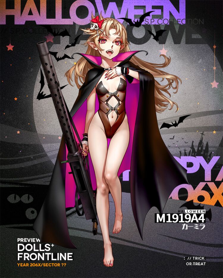 1girl, as109, ass_visible_through_thighs, barefoot, bat, blonde_hair, bodysuit, bone, bow, breasts, cape, cosplay, fangs, fingernails, full_body, girls_frontline, gun, hair_bow, hair_ornament, halloween, halloween_costume, hand_on_own_chest, heavy_machine_gun, holding, holding_weapon, leotard, long_fingernails, looking_at_viewer, m1919_(girls_frontline), machine_gun, nail_polish, navel, navel_cutout, official_art, open_mouth, red_bow, skin_tight, skull, small_breasts, solo, thigh_gap, toenail_polish, vampire, walking, weapon, wind, wrist_cuffs