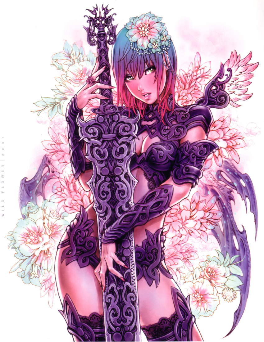 armband, armor, bikini_armor, blue_hair, blush, breasts, cleavage, fingernails