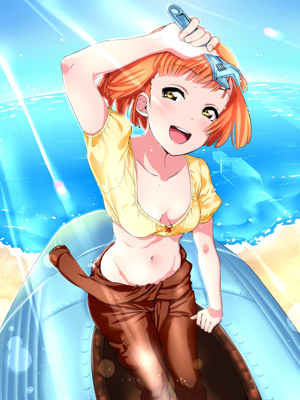 10s, 1girl, :d, bangs, beach, blue_sky, blunt_bangs, breasts