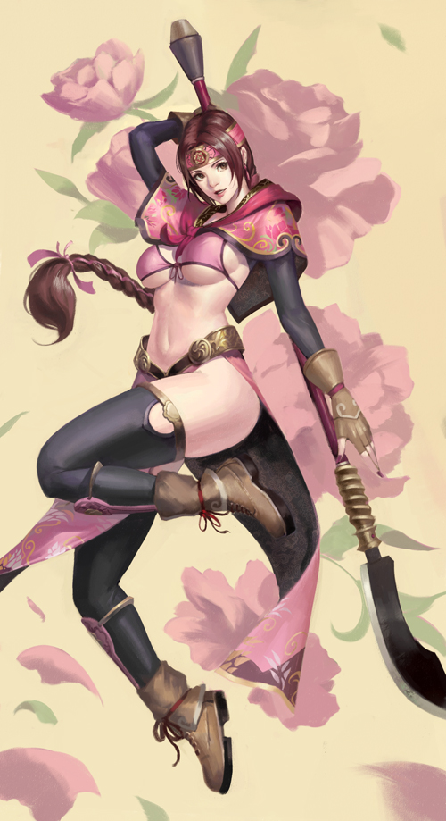 1girl, black_legwear, boots, braided_ponytail, breasts, brown_hair, flower, headband