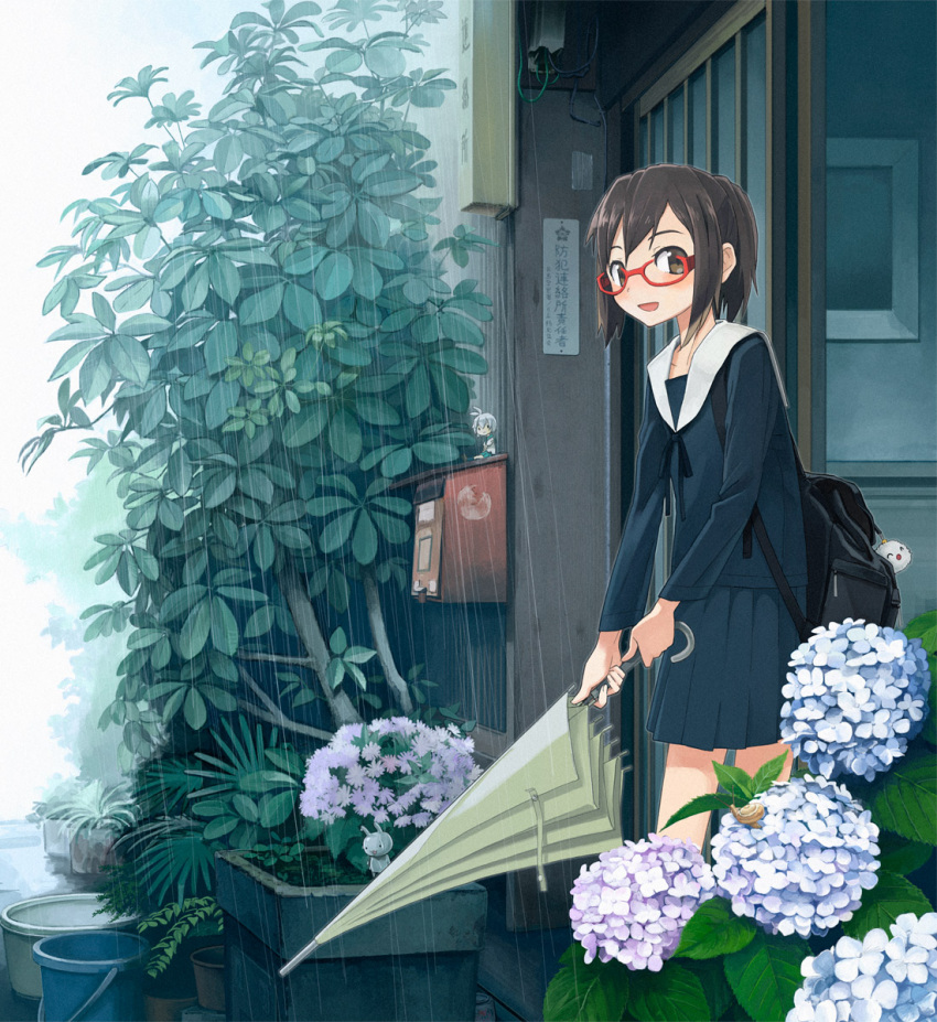 1girl, bag, brown_hair, bucket, closed_umbrella, doll, door, flower