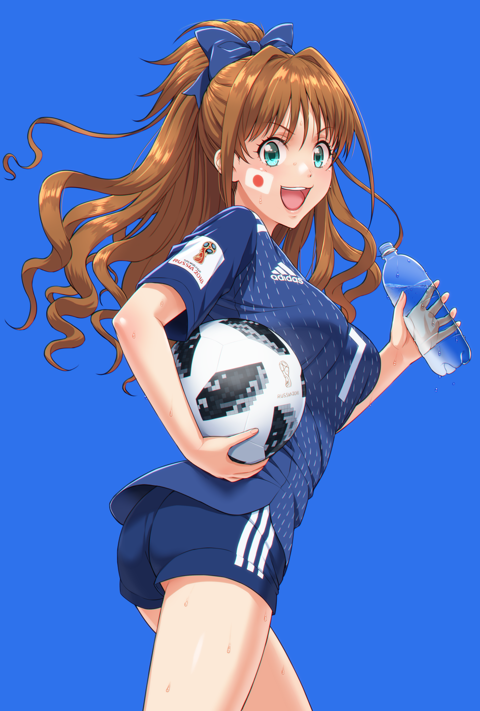 1girl, 2018_fifa_world_cup, adidas, aqua_eyes, ass, ball, blue_background, blush