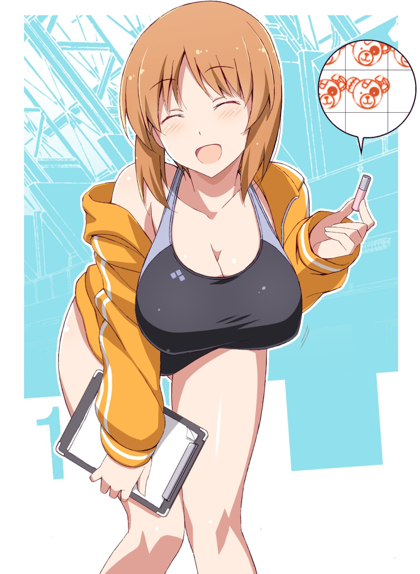 bangs, black_swimsuit, boko_(girls_und_panzer), breasts, brown_hair, closed_eyes, girls_und_panzer, highres