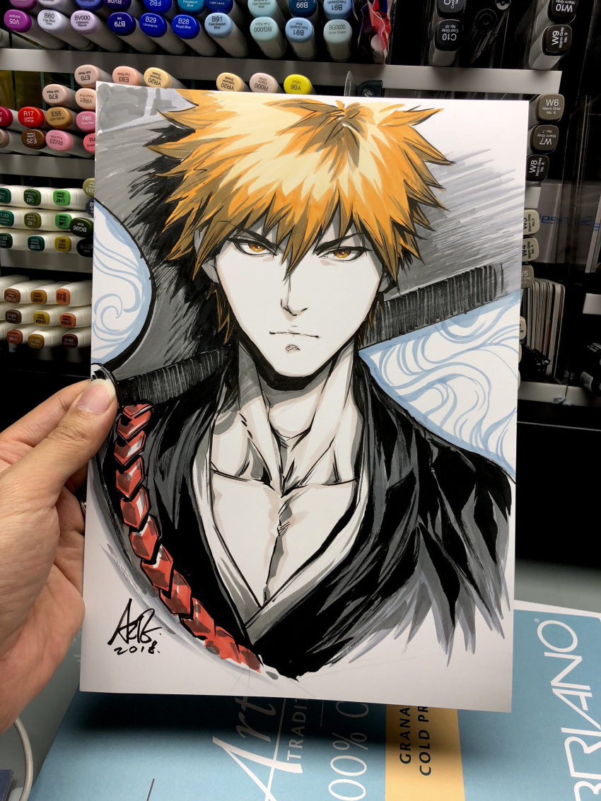 1boy, bleach, closed_mouth, collarbone, commentary, english_commentary, facing_viewer, highres
